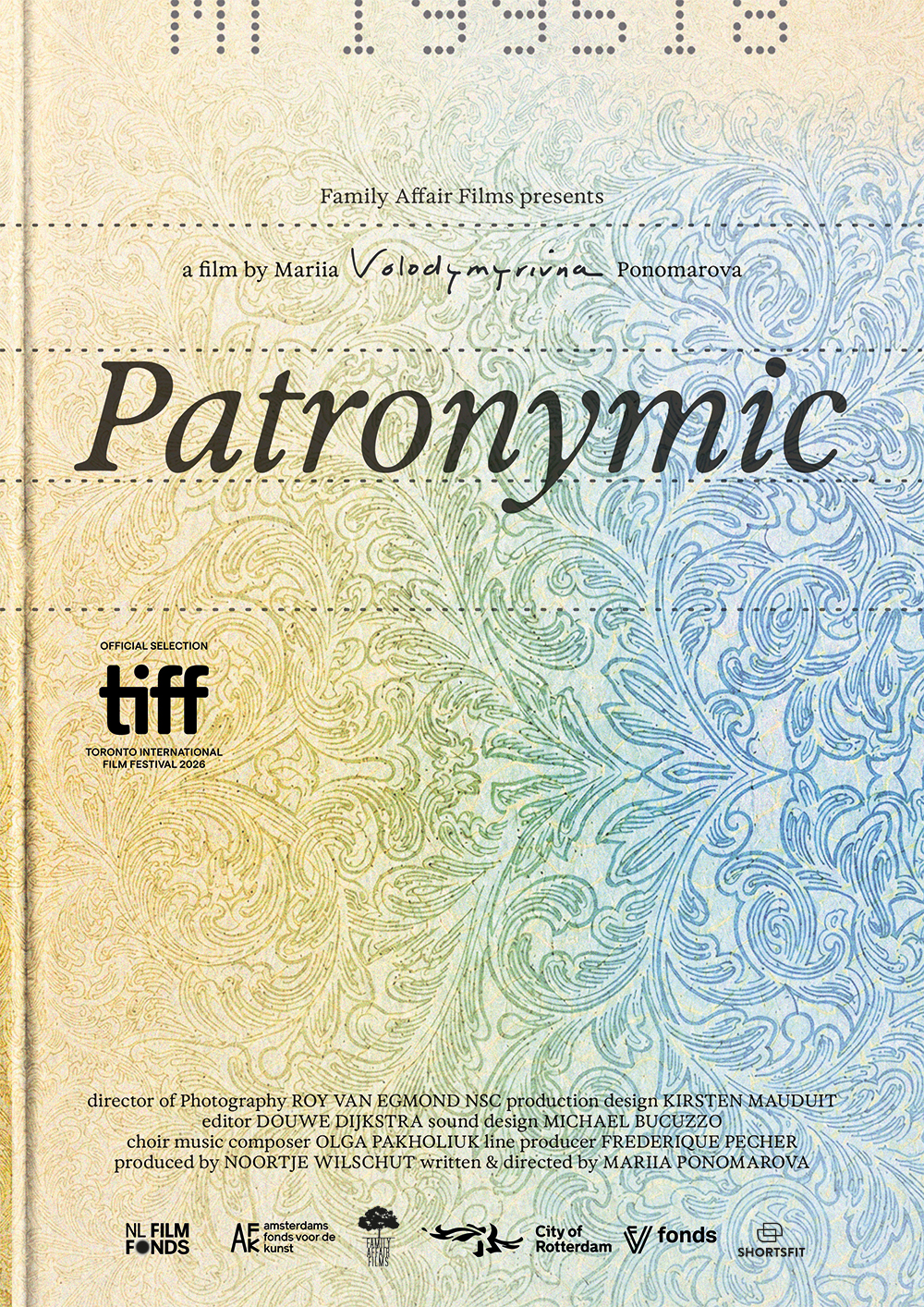 Poster of the short film 'Patronymic' by Mariia Ponomarova, produced by Family Affair Films, distributed by ShortsFit.