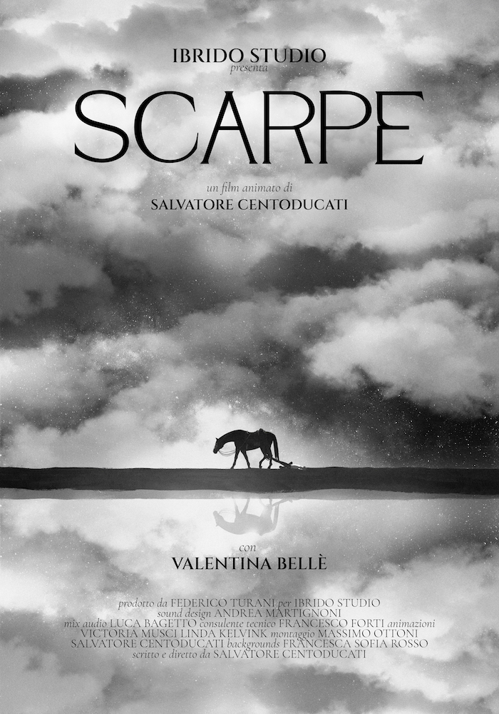 Poster of the short animation film 'Scarpe' or Shoes by Salvatore Centoducati produced by Ibrido Studio distributed by ShortsFit. ShortsFit distribucion. ShortsFit distribution. Shortfits. distribucion de cortometrajes. Distribuzione di cortometraggi. Animazione italiana.